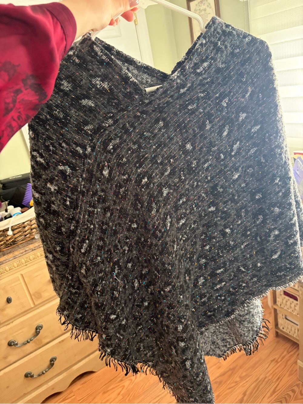 Black Speckled Knit V-Neck Women's Sweater Poncho